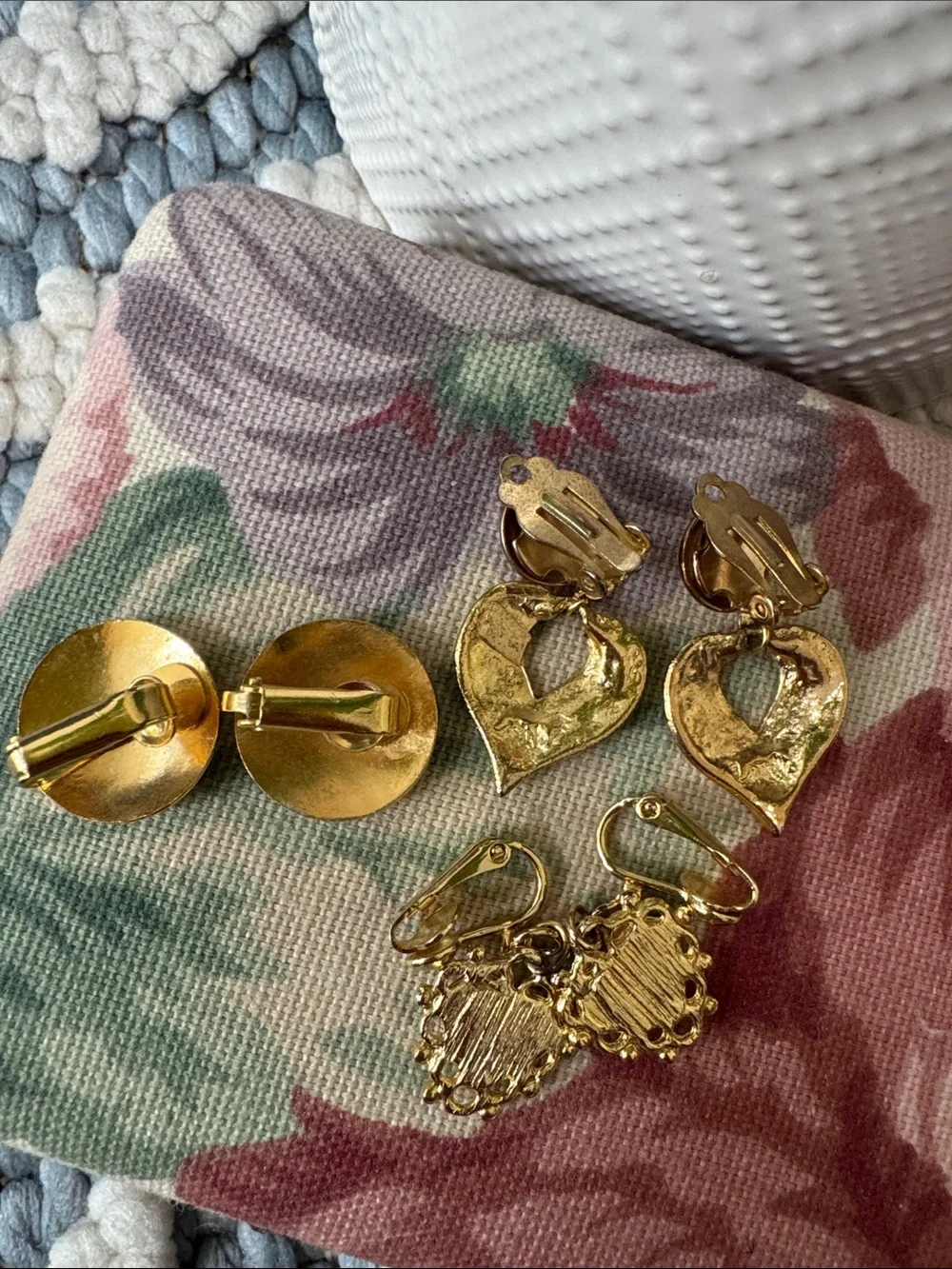 Vintage Cottagecore Heart & Floral Clip On Earrings Bundle Coquette Gold Tone